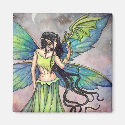 Aimant Art fantastique de dragon vert et de fée (Devant)
