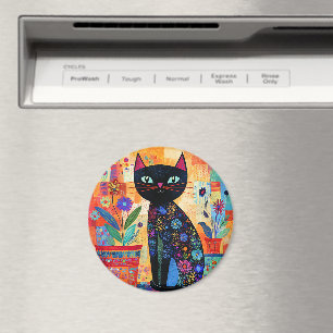 Aimant Art populaire de chat noir (plantes en pot)