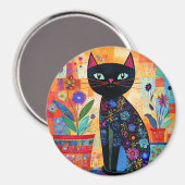 Aimant Art populaire de chat noir (plantes en pot) (Recto/Verso)