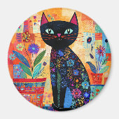 Aimant Art populaire de chat noir (plantes en pot) (Devant)