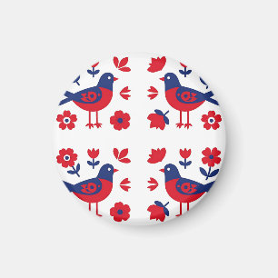 Aimant Art populaire motif floral oiseau rouge bleu