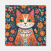 Aimant Art populaire Whimsical Chat et Fleurs (Devant)
