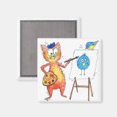 Aimant Artiste de Whimsical Chat Peindre un oiseau (Recto/Verso)
