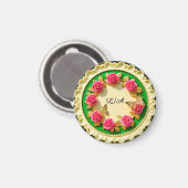 Aimant Assiette décorative à bordure verte avec rose rose (Recto/Verso)