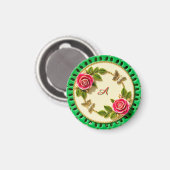 Aimant Assiette décorative à bordure verte avec rose rose (Recto/Verso)