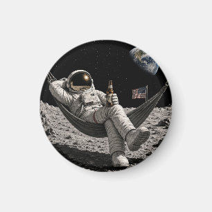 Aimant Astronaute se détendant avec de la bière sur la Lu
