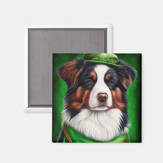 Aimant Australian Shepherd dog en tenue de St. Patrick's (Recto/Verso)