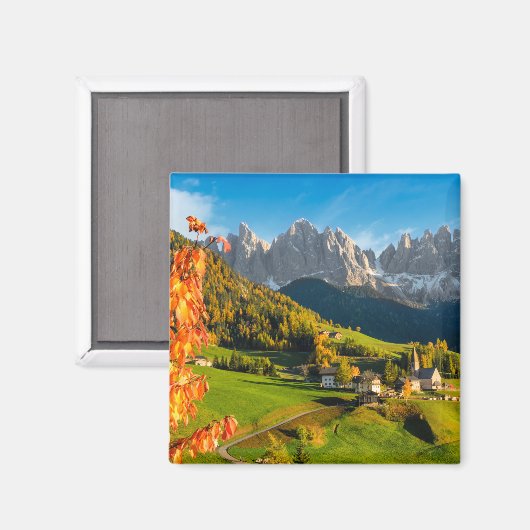 Aimant Automne dans un paysage de Dolomites avec église (Recto/Verso)