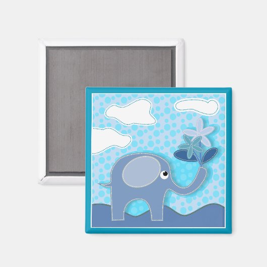 Aimant Baby Blue Elephant and Flowers (Recto/Verso)