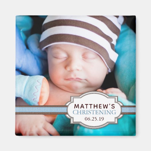 Aimant Baby Boy Blue Ribbon Christening Photo (Devant)