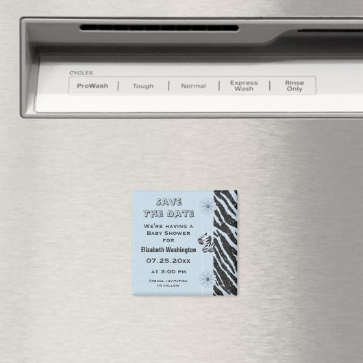 Aimant Baby shower bleu zèbre et fleurs Enregistrer la da (In Situ (Lave-vaisselle))