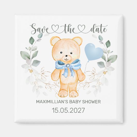 Aimant Baby shower Ours en peluche Enregistrer la date (Devant)