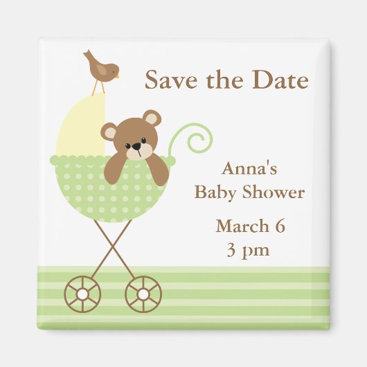 Aimant Baby shower Ours vert Enregistrer la date (Devant)