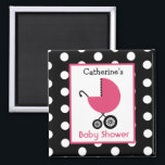 Aimant Baby shower - Transport rose et Pointe Polka<br><div class="desc">Une faveur baby shower avec l'illustration d'une poussette rose sur un arrière - plan de noir avec des pois blancs. Personnalisez avec votre nom.</div>