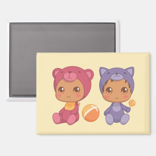 Aimant Baby Twins Ours Chat Jumpsuit 2 Jaune (Recto/Verso)