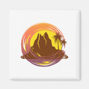 Aimant Badge avec paysage volcanique tropical et palmiers