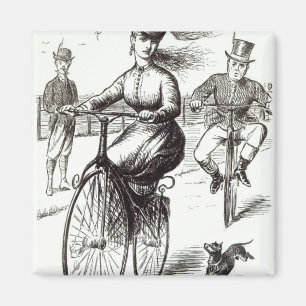 Aimant Bande dessinée de Madame sur un vélo sur rail,