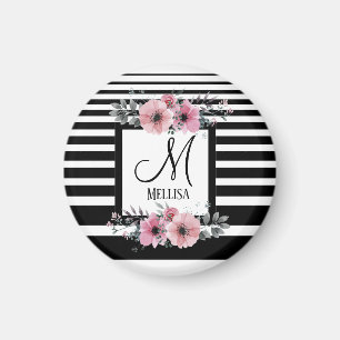 Aimant Bandes noires et blanches Monogramme floral rose