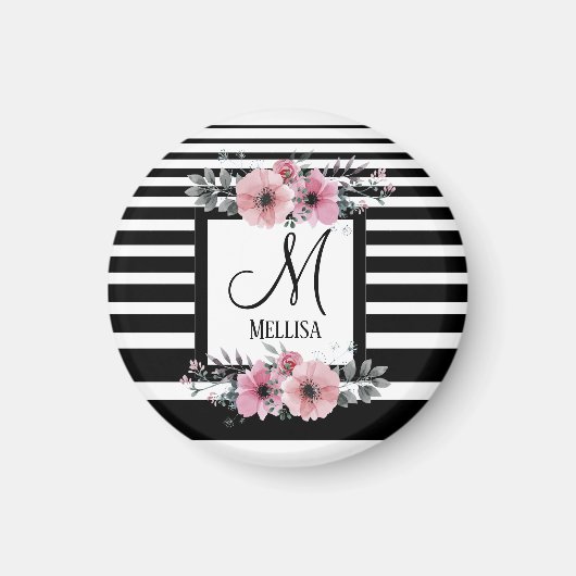Aimant Bandes noires et blanches Monogramme floral rose (Devant)