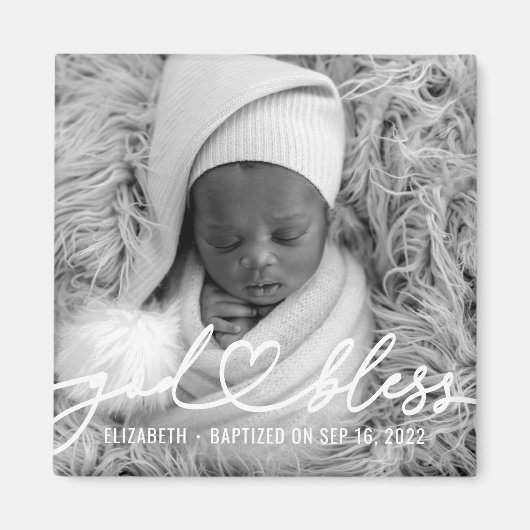 Aimant Baptême Simple Élégant Moderne Coeur Bébé Photo (Devant)