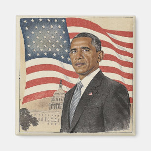 Aimant Barack Obama devant le drapeau américain et le Cap