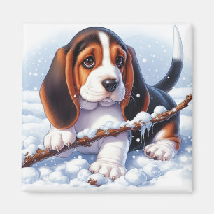 Aimant Basset chiot jouant avec une bâche dans la neige h