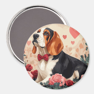 Aimant Basset Hound avec des Roses - Saint-Valentin