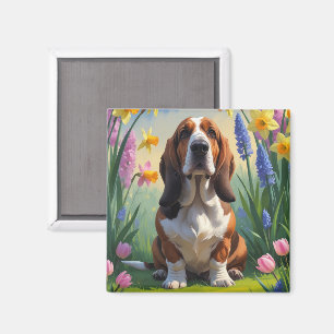 Aimant Basset Hound Chien Fleurs de printemps Peinture