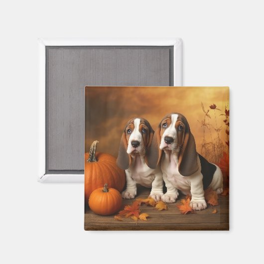 Aimant Basset Hound Chiot Automne Citrouille de plaisir (Recto/Verso)