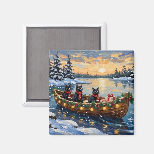 Aimant Bateau de Noël de Chat Noir pour les Fêtes (Recto/Verso)