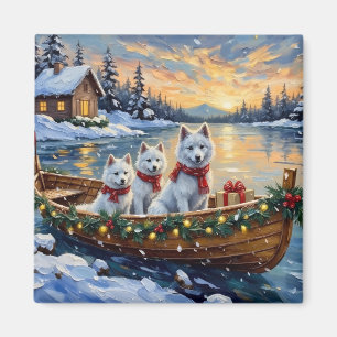 Aimant Bateau de Noël de Samoyède blanc pour les fêtes