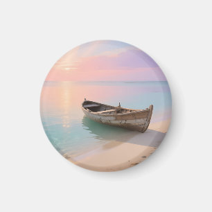 Aimant Bateau en bois sur la plage tropicale au coucher d
