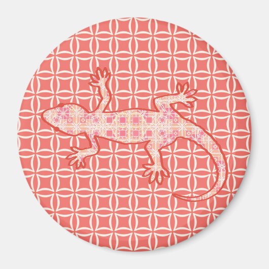 Aimant Batik tribal Gecko - corail rose et crème (Devant)