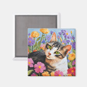 Aimant Beau chat avec fleurs (Recto/Verso)