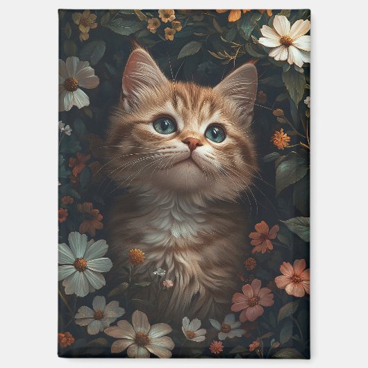 Aimant Beau chaton orange avec Fleur sauvage (Recto)