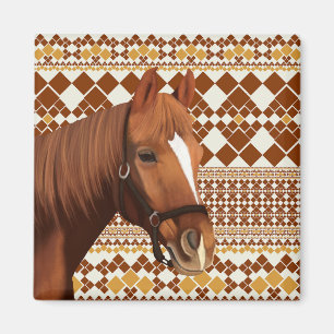 Aimant Beau cheval Brown sur Motif géométrique Earthy