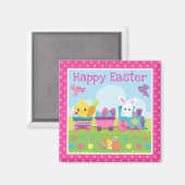 Aimant Beau lapin, poussins et oeufs au chocolat Train Pâ (Recto/Verso)