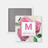 Aimant Beau Monogramme de Roses Glamour Rose et Or (Recto/Verso)