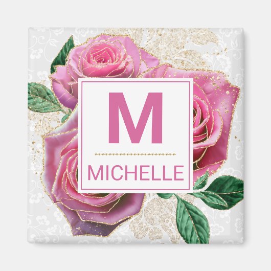 Aimant Beau Monogramme de Roses Glamour Rose et Or (Devant)