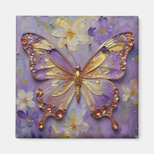 Aimant Beau Papillon Violet et Fleurs (Devant)