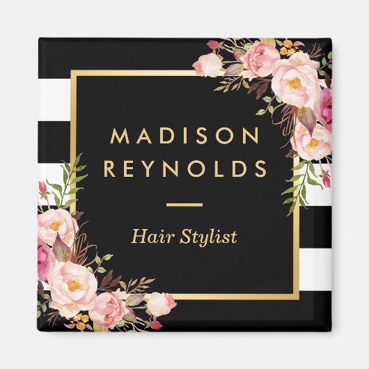 Aimant Beau rose floral noir blanc rayé (Devant)