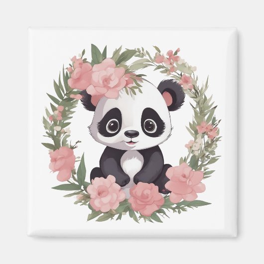 Aimant Bébé adorable Panda Ours avec fleurs (Devant)