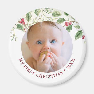 Aimant Bébé aux baies de houx 1er Noël Photo Fête Mignon