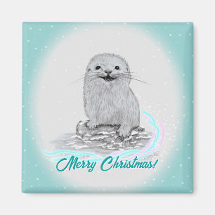 Aimant Bébé loutre de mer blanche mignonne, Joyeux Noël
