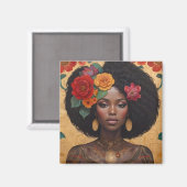 Aimant Belle Africaine Américaine Avec Fleurs (Recto/Verso)