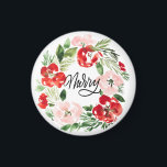 Aimant Belle aquarelle couronne de Noël Joyeux<br><div class="desc">Belle aquarelle fleur de Noël couronne Joyeux</div>