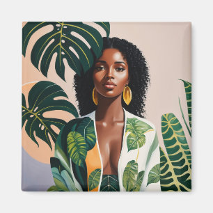Aimant Belle Black Woman Botanical Portrait Boho Botaniqu