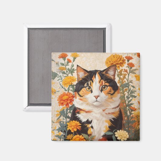 Aimant Belle Chat Calico Avec Fleurs Marigold (Recto/Verso)
