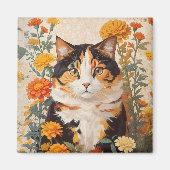 Aimant Belle Chat Calico Avec Fleurs Marigold (Devant)