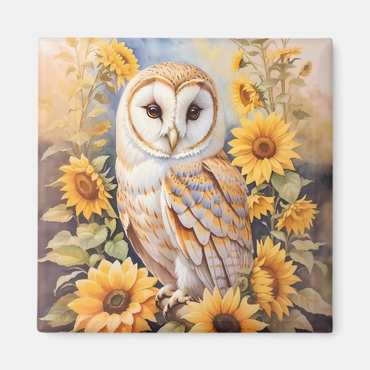 Aimant Belle Chouette Et Fleurs De Soleil (Devant)